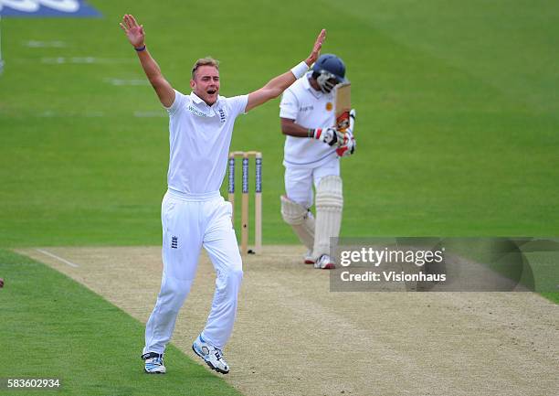 Stuart Broad of England appeals unsuccessfully for the wicket of Kaushal Silva during Day One of the 2nd Investec Test between England and Sri Lanka...