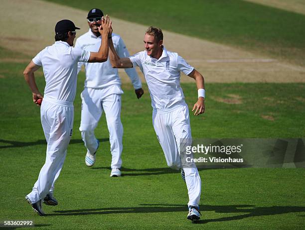 Stuart Broad of England celebrates taking the wicket of Dinesh Chandimal during Day One of the 2nd Investec Test between England and Sri Lanka at the...
