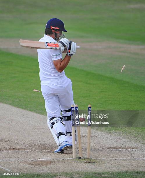England Captain Alastair Cook is bowled by Dhammika Prasad during Day Four of the 2nd Investec Test between England and Sri Lanka at the Headingley...