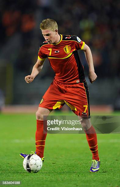 Kevin De Bruyne of Belgium in action during the FIFA 2014 World Cup Qualifying Group A match between Belgium and Wales at the King Baudouin Stadium...