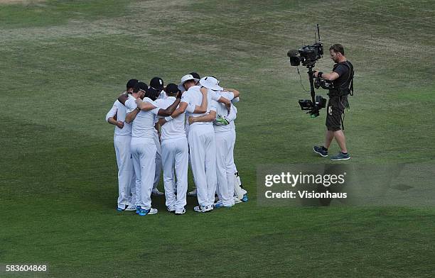 England team huddle filmed by the Sky Sports steadicam television camera during Day Four of the 3rd Investec Test between England and India at the...