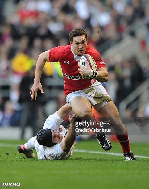 Ben Morgan of England and George North of Wales during the RBS Six Nations match between England and Wales at Twickenham in London, United Kingdom....