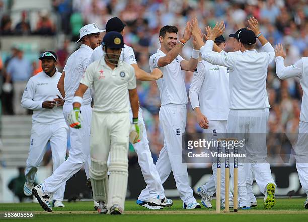 England's Jimmy Anderson celebrates taking the wicket of Gautam Gambhir during Day One of the 5th Investec Test between England and India at the Kia...