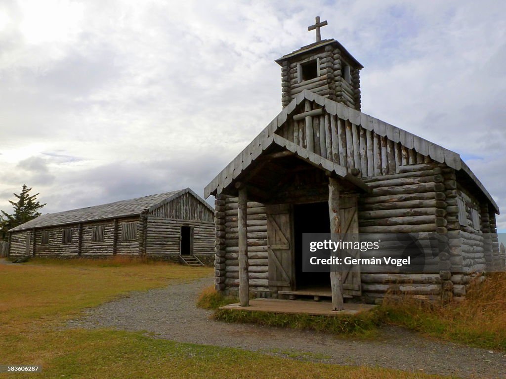Old wooden church of Fuerte Bulnes in Chile