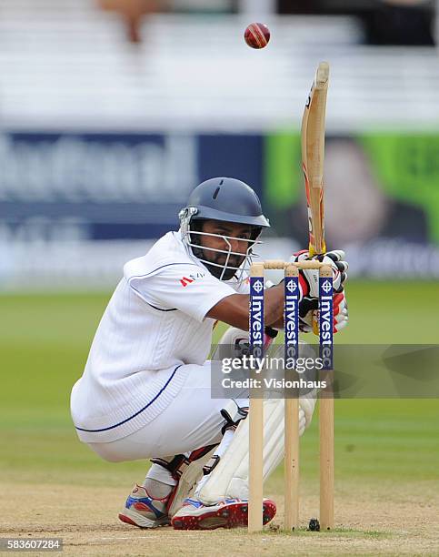 Kaushal Silva of Sri Lanka ducks under a short ball from Jimmy Anderson during Day Five of the 1st Investec Test between England and Sri Lanka at...