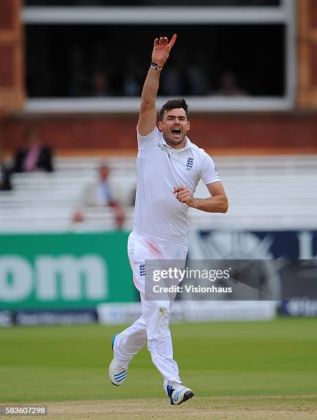 Jimmy Anderson of England celebrates taking the wicket of Mahela Jayawardene during Day Five of the 1st Investec Test between England and Sri Lanka...