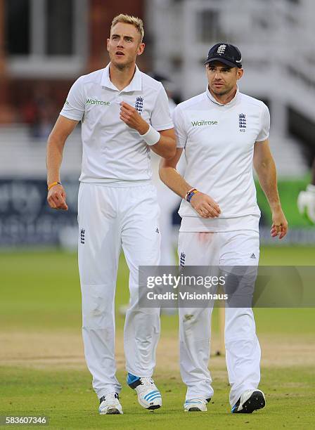 Stuart Broad and Jimmy Anderson of England during Day Five of the 1st Investec Test between England and Sri Lanka at Lord's Cricket Ground in London,...