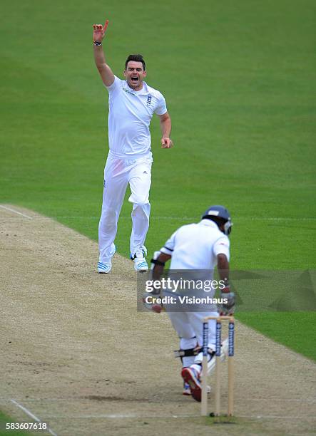 Jimmy Anderson of England celebrates the wicket of Kaushal Silva during Day One of the 2nd Investec Test between England and Sri Lanka at the...