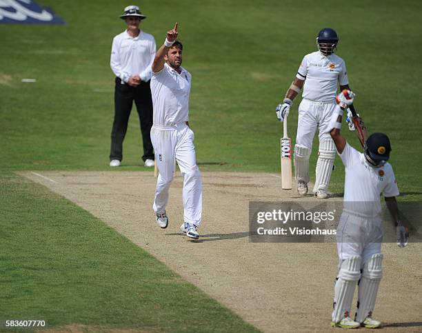 Liam Plunkett of England celebrates taking the wicket of Dimuth Karunaratne during Day Three of the 2nd Investec Test between England and Sri Lanka...