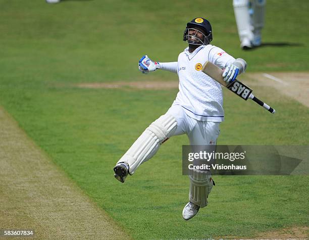 Sri Lanka Captain Angelo Mathews celebrates his fourth test century during Day Four of the 2nd Investec Test between England and Sri Lanka at the...