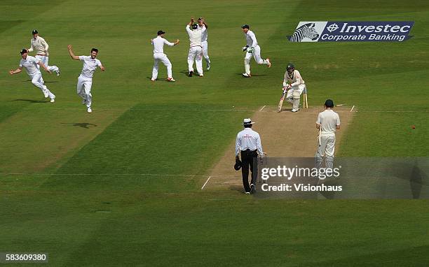 Mark Wood celebrates bowling Nathan Lyon to secure England's win and regain The Ashes during the third day of the 4th Investec Ashes Test between...