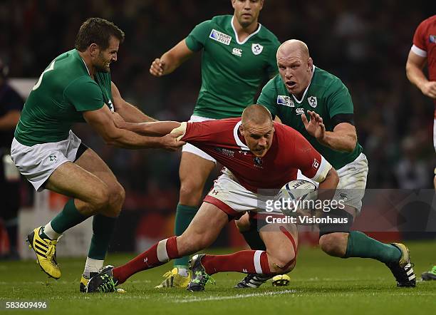 Nick Blevins of Canada is tackled by Jared Payne and Paul O'Connell of Ireland during the Rugby World Cup pool D group match between Ireland and...