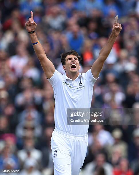 England's Steven Finn celebrates taking the wicket of Steven Smith during the first day of the 3rd Investec Ashes Test between England and Australia...