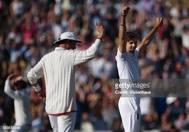England's Steven Finn celebrates taking his fifth wicket - Mitchell Johnson - during the second day of the 3rd Investec Ashes Test between England...