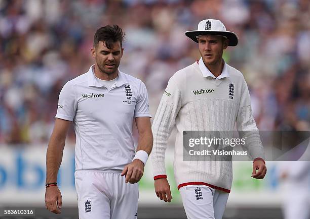 James Anderson and Stuart Broad of England during the second day of the 3rd Investec Ashes Test between England and Australia at Edgbaston Cricket...