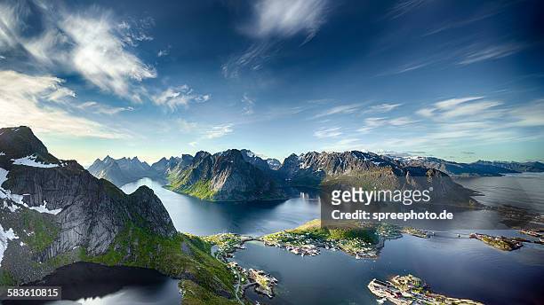panoramic view of reine, lofoten, norway - norway stock-fotos und bilder