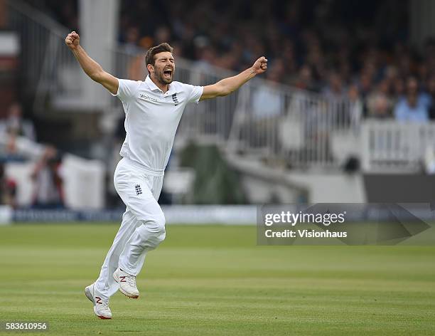 England's Mark Wood celebrates taking the wicket of Brendon McCullum during the 3rd Day of the 1st Investec Test Match between England and New...
