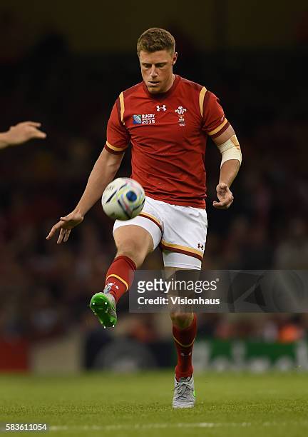 Rhys Priestland of Wales chips the ball during the Rugby World Cup pool A group match between Wales and Uruguay at the Millennium Stadium in Cardiff,...