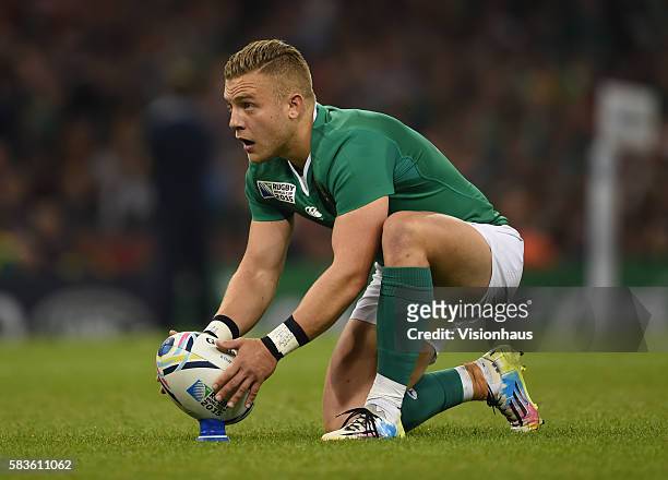Ian Madigan of Ireland prepares to kick a penalty during the Rugby World Cup pool D group match between Ireland and Canada at the Millennium Stadium...
