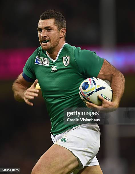 Rob Kearney of Ireland in action during the Rugby World Cup pool D group match between Ireland and Canada at the Millennium Stadium in Cardiff,...