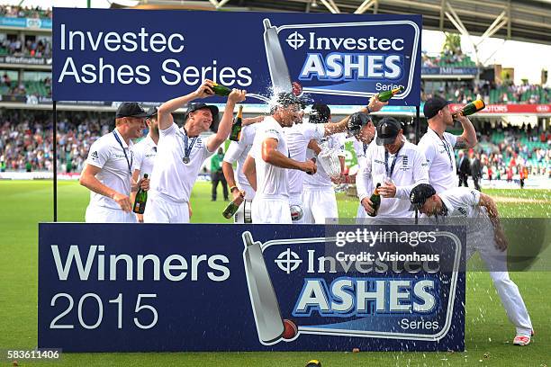 England celebrate winning The Ashes during the fourth day of the 5th Investec Ashes Test between England and Australia at The Kia Oval Cricket...