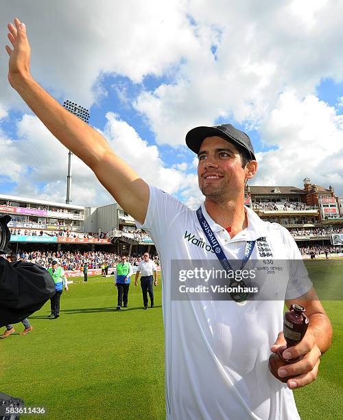 England Captain Alastair Cook celebrates winning The Ashes during the fourth day of the 5th Investec Ashes Test between England and Australia at The...