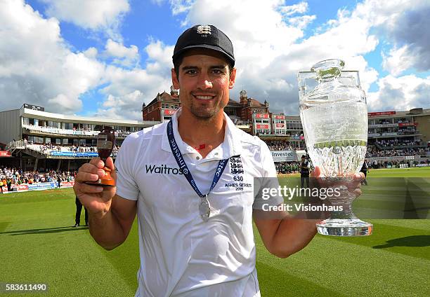 England Captain Alastair Cook celebrates winning The Ashes during the fourth day of the 5th Investec Ashes Test between England and Australia at The...