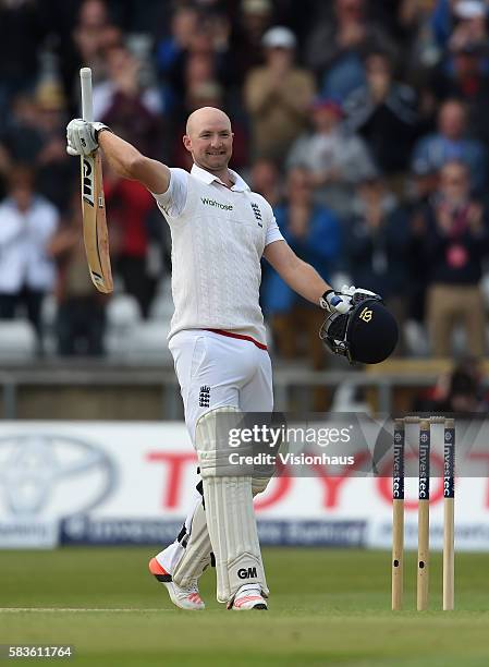 Adam Lyth of England celebrates reaching his first test century during the 2nd Day of the 2nd Investec Test Match between England and New Zealand at...