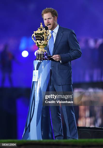 Prince Harry during the opening ceremony before the Rugby World Cup 2015 Group A match between England and Fiji at Twickenham Stadium in London, UK....