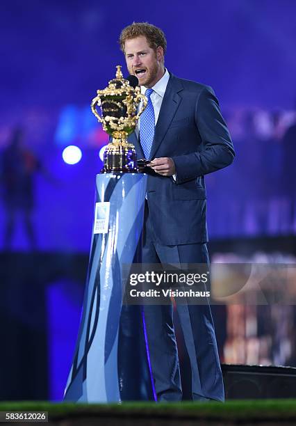 Prince Harry during the opening ceremony before the Rugby World Cup 2015 Group A match between England and Fiji at Twickenham Stadium in London, UK....