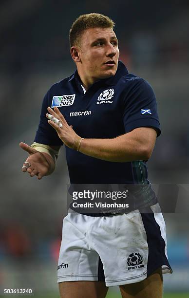 Duncan Weir of Scotland applauds the crowd after the Rugby World Cup Pool B match between South Africa and Scotland at St James' Park, Newcastle,...