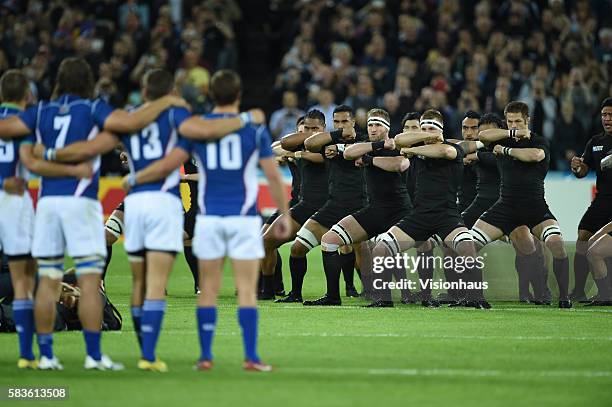 The New Zealand All Blacks perform the "Haka" before the Rugby World Cup 2015 Group C match between New Zealand and Namibia at The Queen Elizabeth...