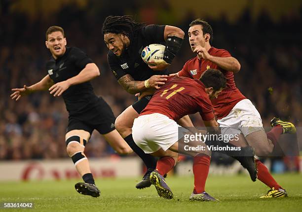 Ma'a Nonu of New Zealand is tackled by Brice Dulin of France during the Rugby World Cup quarter final match between New Zealand and France at the...