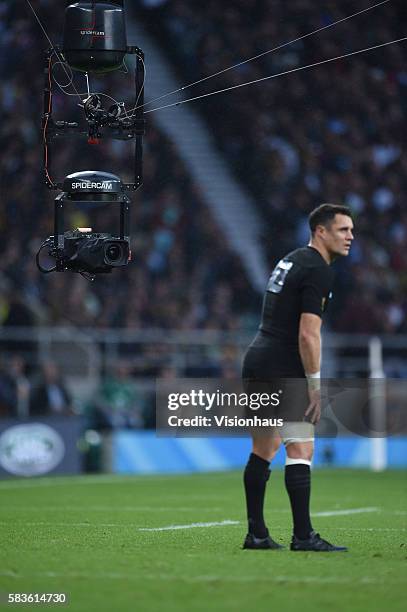 Dan Carter of New Zealand prepares to take a penalty watched by the "Spidercam" television camera during the Rugby World Cup 2015 Semi-Final match...
