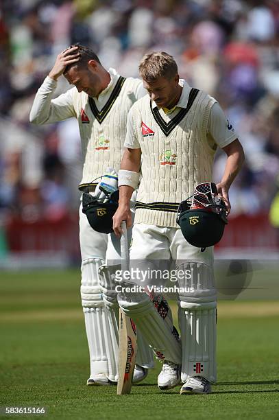 Mitchell Marsh and David Warner walk from the pitch during the second day of the 3rd Investec Ashes Test between England and Australia at Edgbaston...