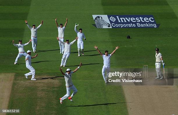 Steven Finn appeals for the wicket of Peter Nevill during the second day of the 3rd Investec Ashes Test between England and Australia at Edgbaston...