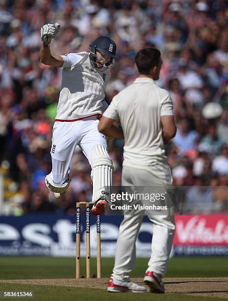 Joe Root celebrates scoring the winning run as England beat Australia during the third day of the 3rd Investec Ashes Test between England and...