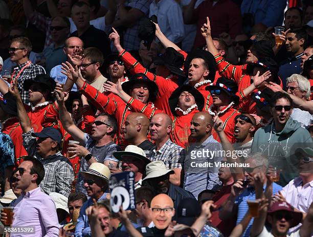 Cricket fans dressed as Beefeaters during the third day of the 3rd Investec Ashes Test between England and Australia at Edgbaston Cricket Ground,...