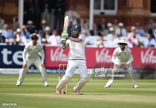 England's Moeen Ali reaches his fifty during the 2nd Day of the 1st Investec Test Match between England and New Zealand at Lord's Cricket Ground in...