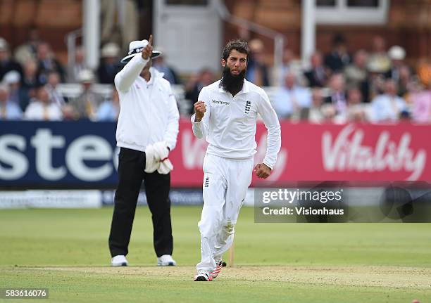 England's Moeen Ali celebrates taking the wicket of Tom Latham during the 2nd Day of the 1st Investec Test Match between England and New Zealand at...