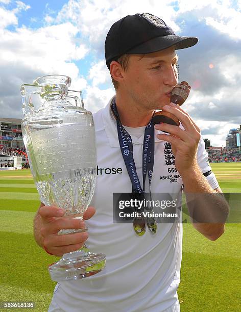 Joe Root of England celebrates winning The Ashes during the fourth day of the 5th Investec Ashes Test between England and Australia at The Kia Oval...