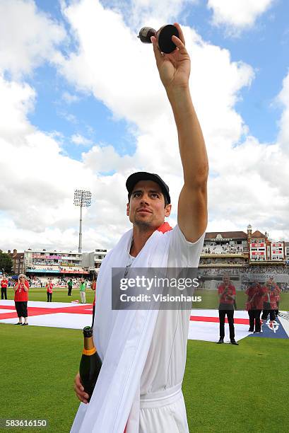 England Captain Alastair Cook celebrates winning The Ashes during the fourth day of the 5th Investec Ashes Test between England and Australia at The...