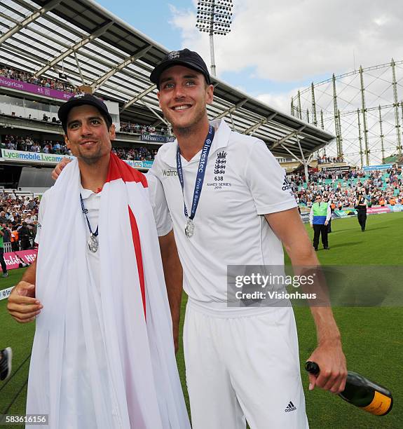 Alastair Cook and Stuart Broad of England celebrate winning The Ashes during the fourth day of the 5th Investec Ashes Test between England and...