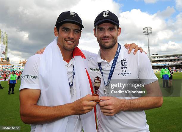 Alastair Cook and James Anderson of England celebrate winning The Ashes during the fourth day of the 5th Investec Ashes Test between England and...