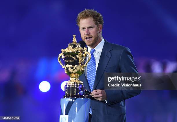 Prince Harry during the opening ceremony before the Rugby World Cup 2015 Group A match between England and Fiji at Twickenham Stadium in London, UK....