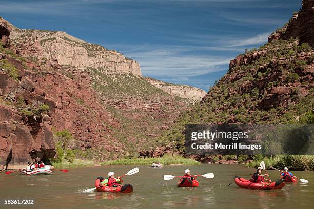 kayaks and raft on green river - dinosaur national monument stock pictures, royalty-free photos & images