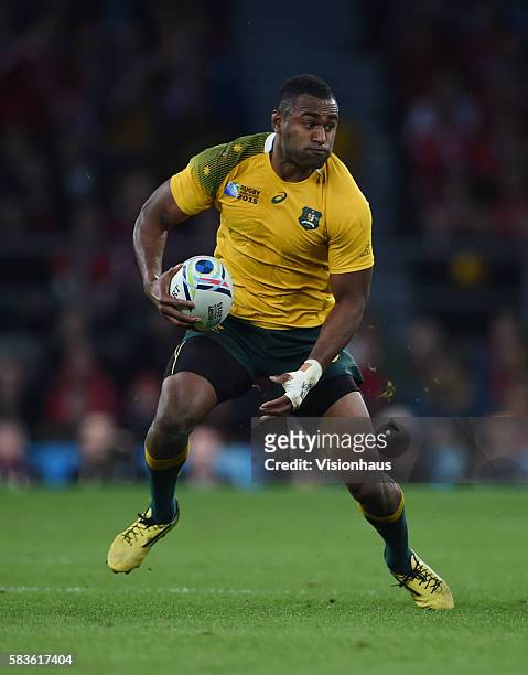 Tevita Kuridrani of Australia during the Rugby World Cup 2015 Group A match between Australia and Wales at Twickenham Stadium in London, UK. Photo:...