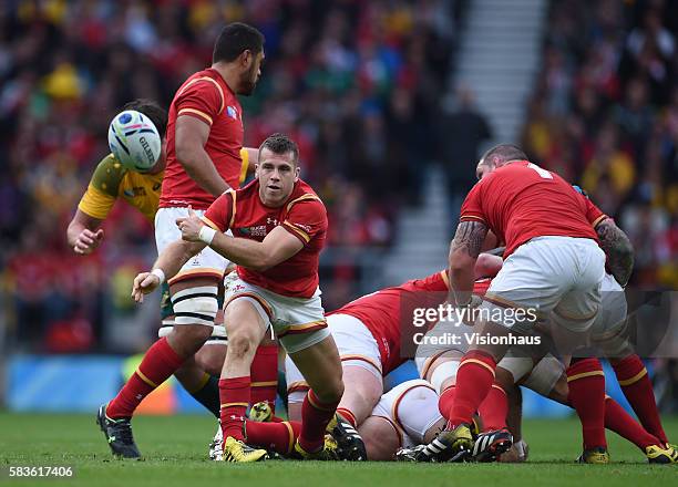 Gareth Davies of Wales during the Rugby World Cup 2015 Group A match between Australia and Wales at Twickenham Stadium in London, UK. Photo:...