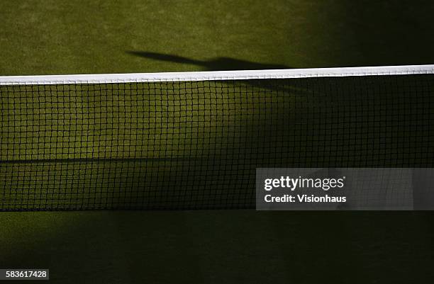 Detail of the net on centre court on Day Seven of the 2015 Wimbledon Lawn Tennis Championships at the All England Lawn Tennis and Croquet Club in...