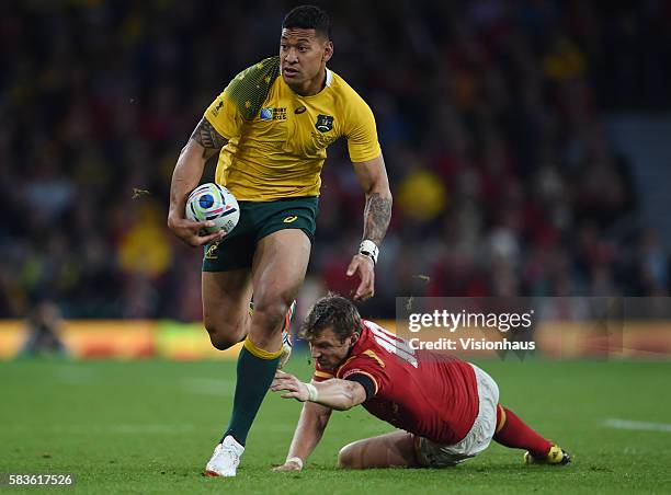 Israel Folau of Australia and Dan Biggar of Wales during the Rugby World Cup 2015 Group A match between Australia and Wales at Twickenham Stadium in...